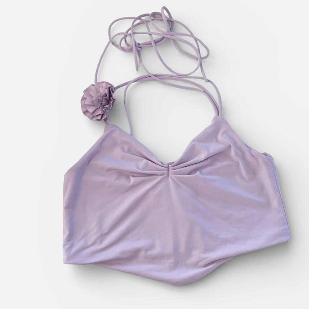 New Lamarque Tayana Lavender Top Handkerchief Leather Floral Choker Sz M - Picture 2 of 8